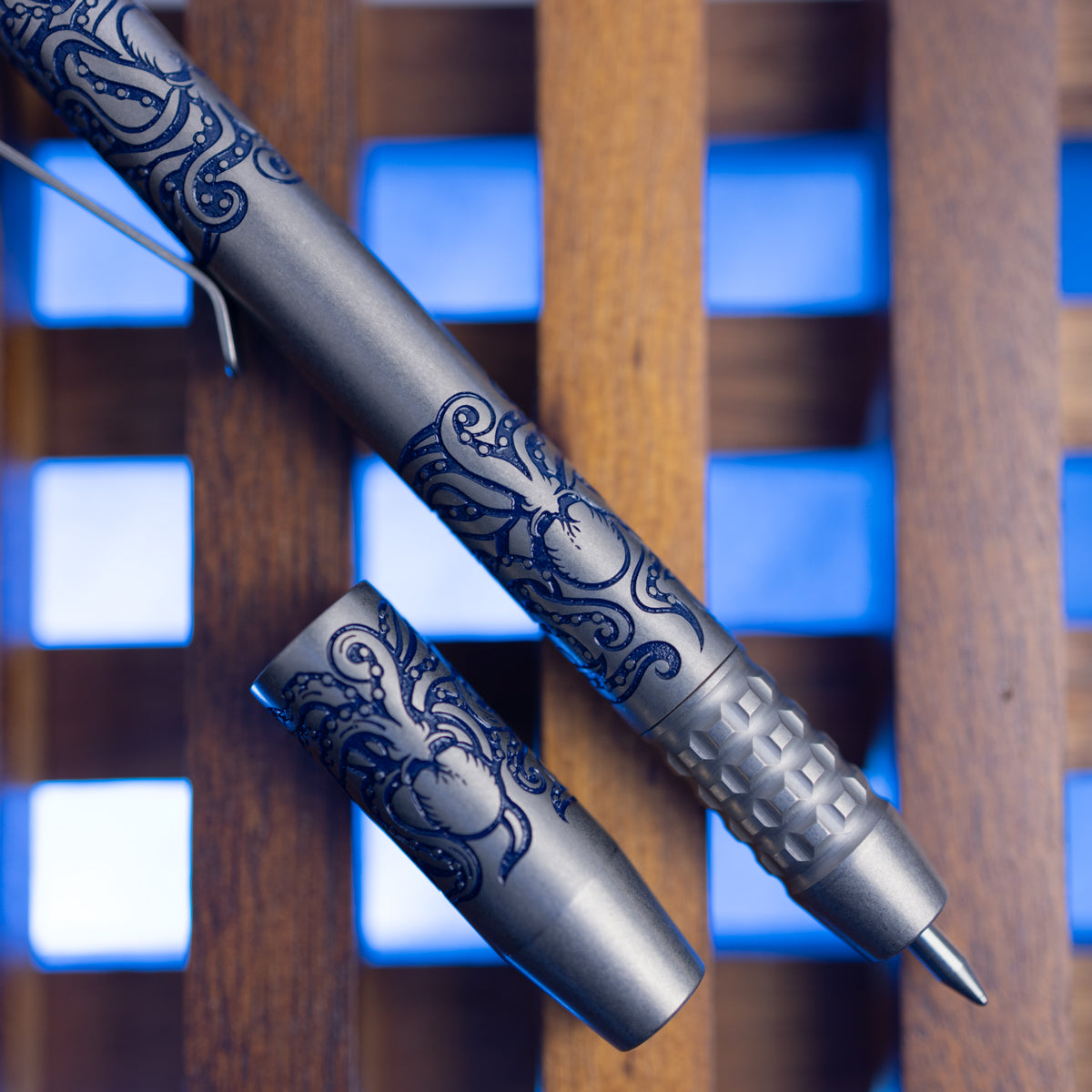 Titanium TechLiner Grid Pen -- Navy Blue Kraken LE (Acid Etched & Tumbled)