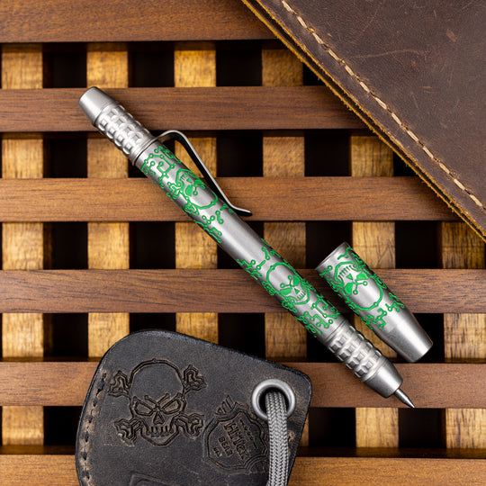 Titanium TechLiner Grid Pen -- Green Tech Pirate LE (Acid Etched & Tumbled)