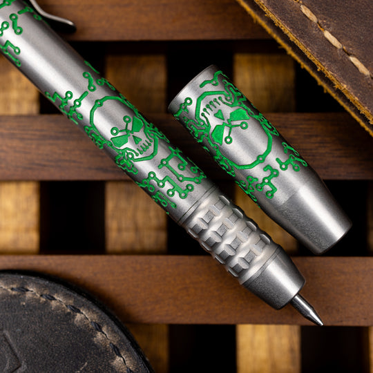 Titanium TechLiner Grid Pen -- Green Tech Pirate LE (Acid Etched & Tumbled)