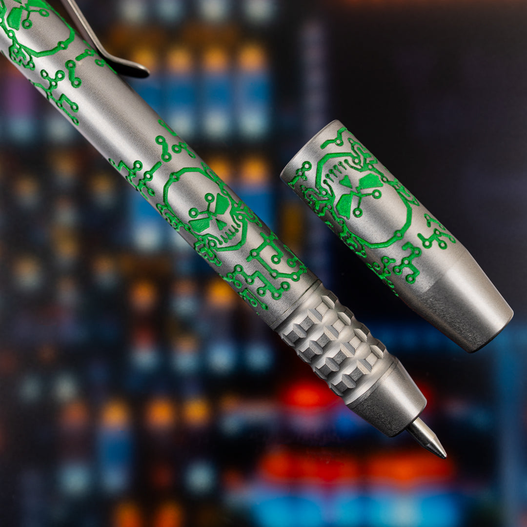 Titanium TechLiner Grid Pen -- Green Tech Pirate LE (Acid Etched & Tumbled)