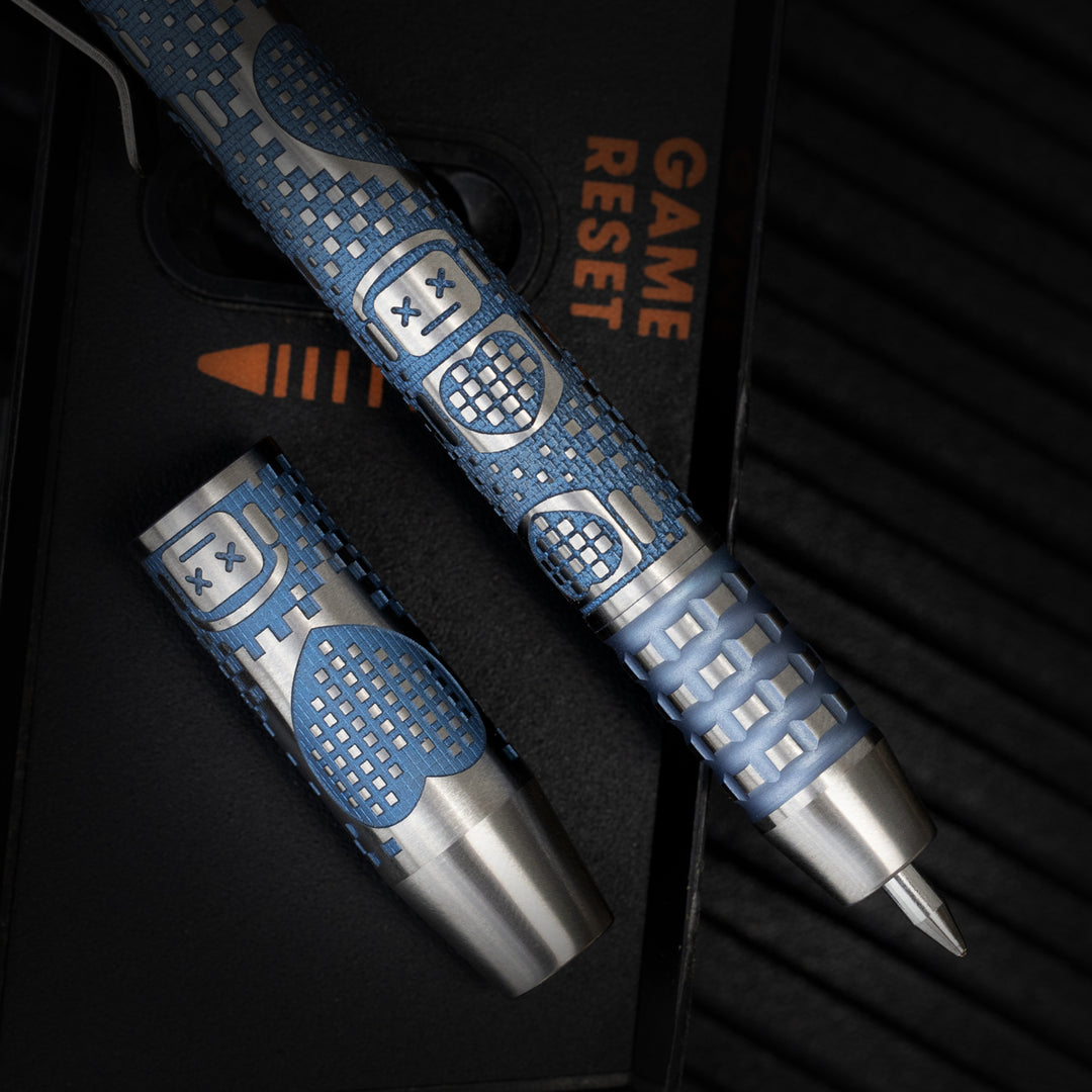 Titanium TechLiner Grid Pen -- Inverse Robot Heart (Blue Ano / Hand Sanded)