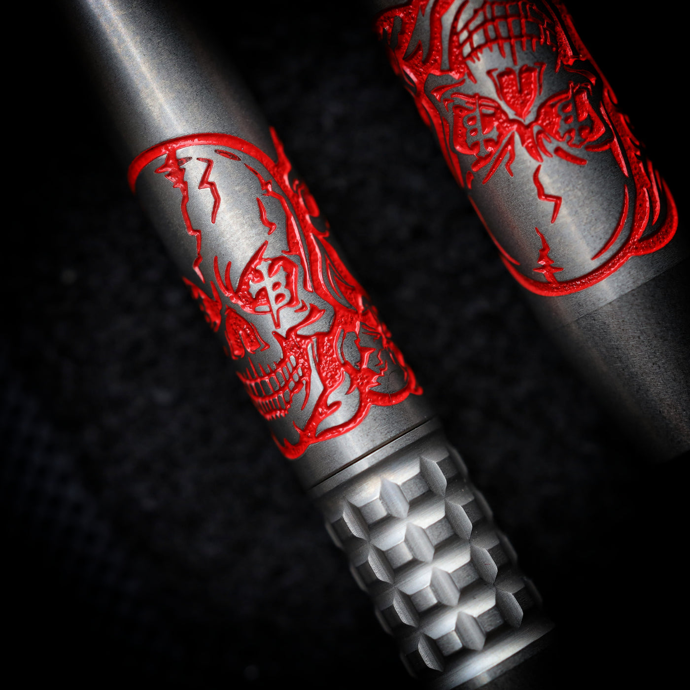 Titanium TechLiner Grid Pen -- Red Borka Skulls LE (Acid Etched & Burnished)
