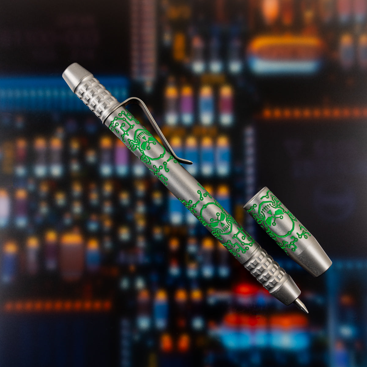Titanium TechLiner Grid Pen -- Green Tech Pirate LE (Acid Etched & Tumbled)