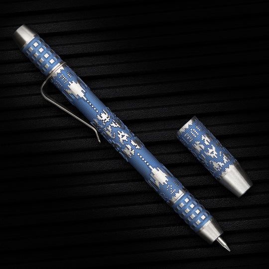 Titanium TechLiner Grid Pen --  Galaga LE (Blue Ano / Hand Sanded)