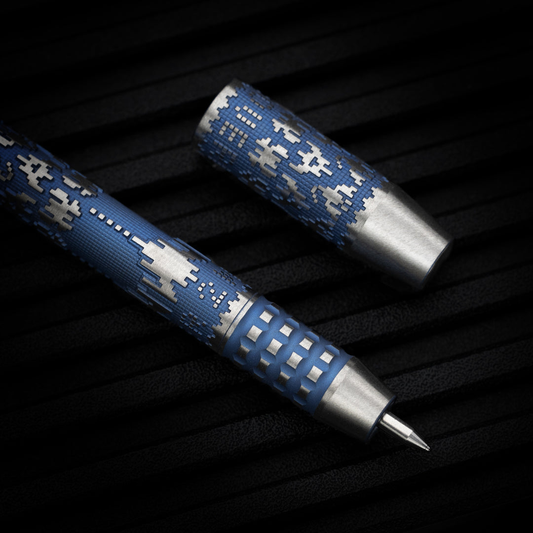 Titanium TechLiner Grid Pen --  Galaga LE (Blue Ano / Hand Sanded)