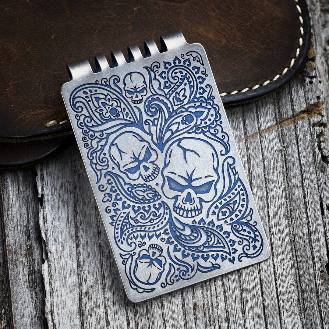 Minimalist Wallet LE Series -- Paisley Skull (Blue Ano)