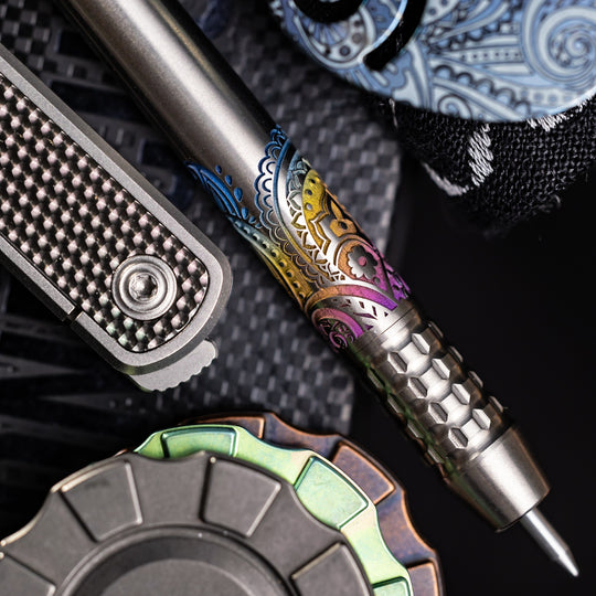 BoltLiner Grid -- Rainbow Paisley Laser Engraved Titanium (Satin)